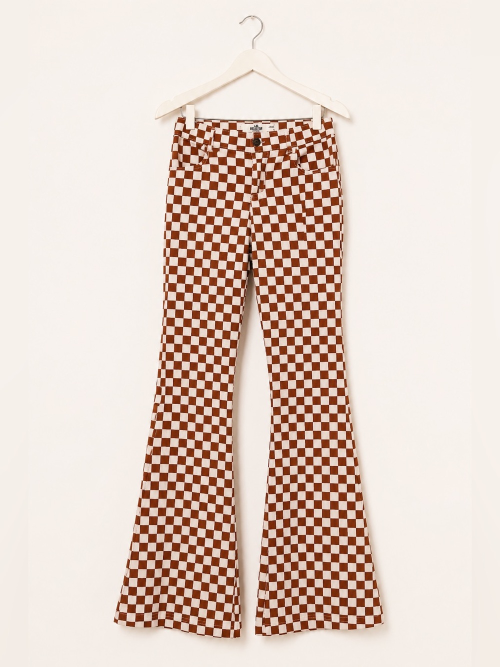 Hollister High Rise Checkerboard Flare Pants Brown Ivory Small